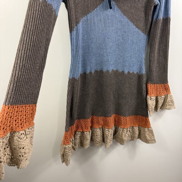 Bohemian Yohers New Colorblock Knit Crochet Ruffle Lace Trim Mini Dress Large - Picture 8 of 15